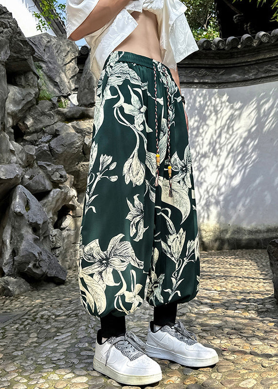 Retro Black Pockets Print Ice Silk Beam Pants Apparel Summer Yt034