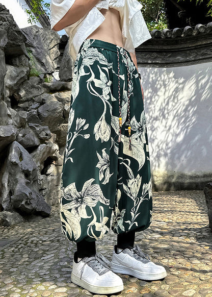 Retro Black Pockets Print Ice Silk Beam Pants Apparel Summer Yt034