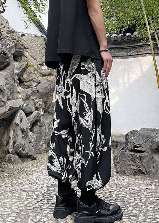Retro Black Pockets Print Ice Silk Beam Pants Apparel Summer Yt034