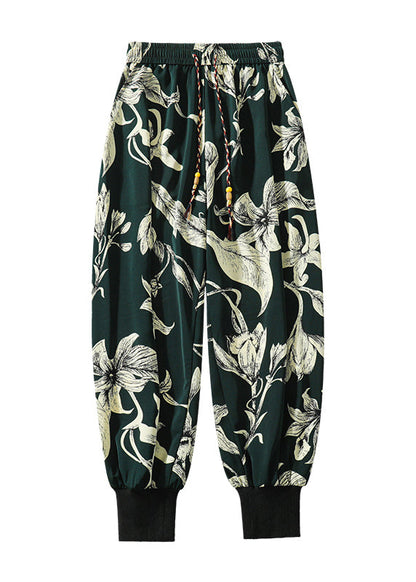 Retro Black Pockets Print Ice Silk Beam Pants Apparel Summer Yt034