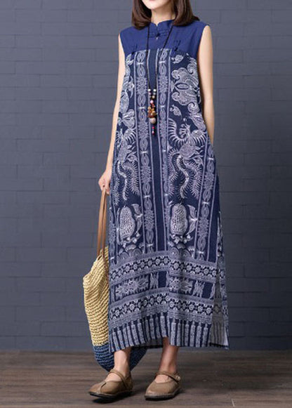 Retro Blue Chinese Button Patchwork Side Open Linen Long Dress Sleeveless Ac2043