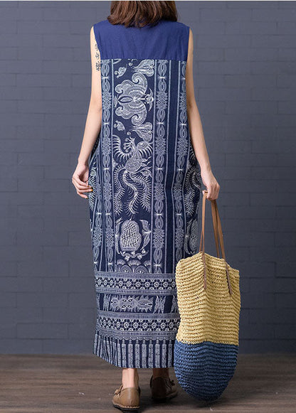 Retro Blue Chinese Button Patchwork Side Open Linen Long Dress Sleeveless Ac2043
