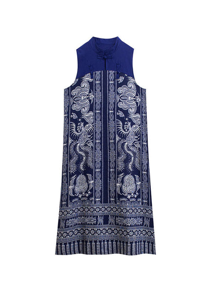Retro Blue Chinese Button Patchwork Side Open Linen Long Dress Sleeveless Ac2043