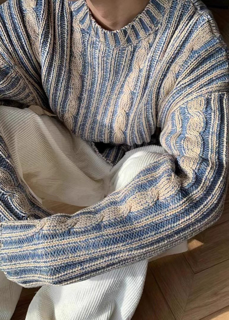 Retro Blue Striped Cozy Knit Sweater Spring Tk007
