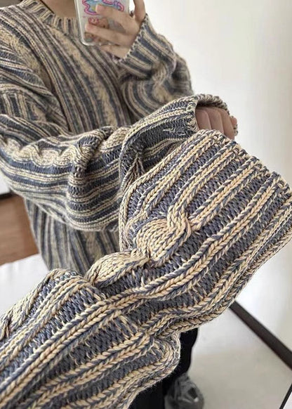 Retro Blue Striped Cozy Knit Sweater Spring Tk007