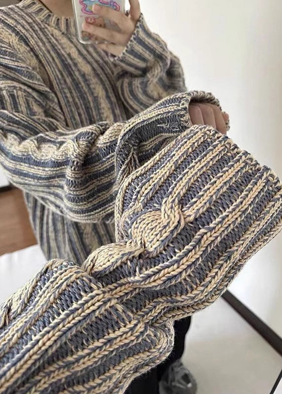Retro Blue Striped Cozy Knit Sweater Spring Tk007
