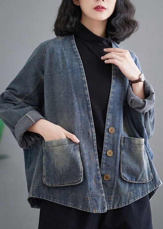 Retro Blue V Neck Patchwork Pockets Denim Coats Fall Ap033