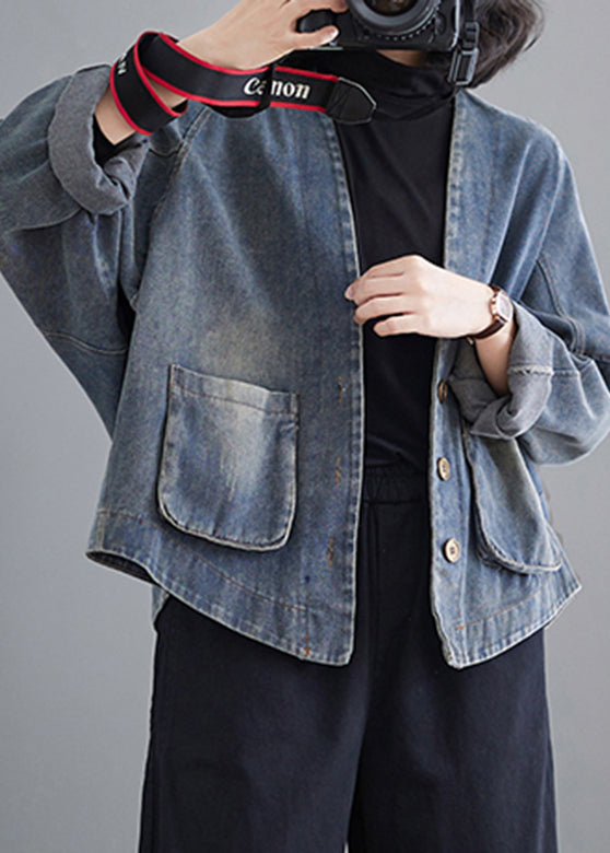 Retro Blue V Neck Patchwork Pockets Denim Coats Fall Ap033