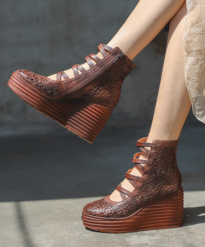 Retro Coffee Cowhide Hollow Out Splicing Cross Strap High Wedge Heels Shoes Sl1006