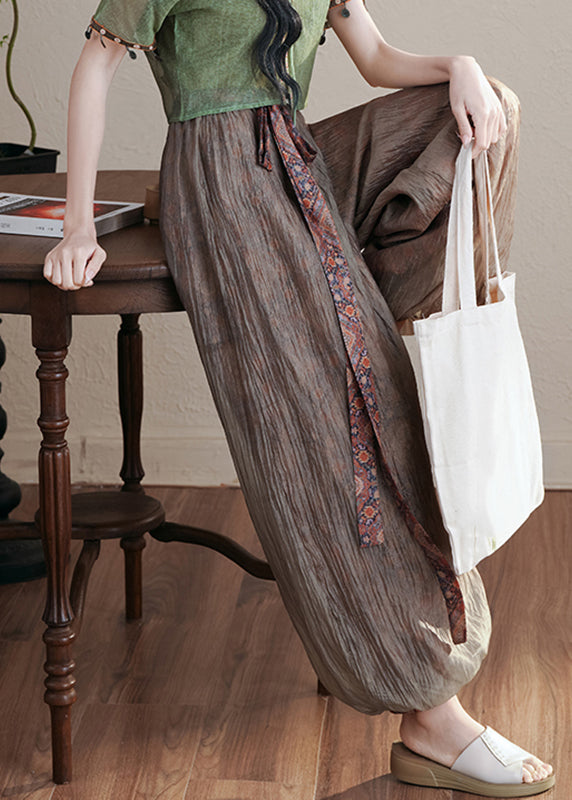 Retro Coffee Elastic Waist Ribbon Pants Fall Qb019