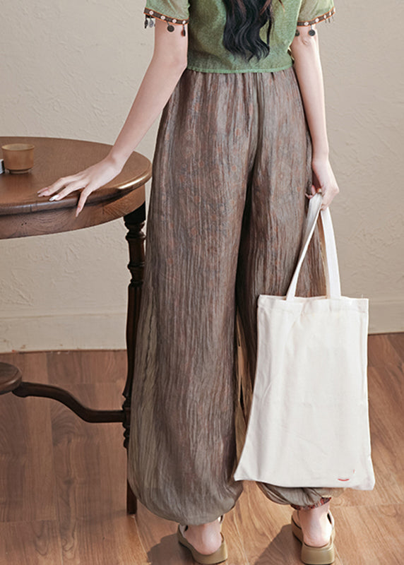 Retro Coffee Elastic Waist Ribbon Pants Fall Qb019
