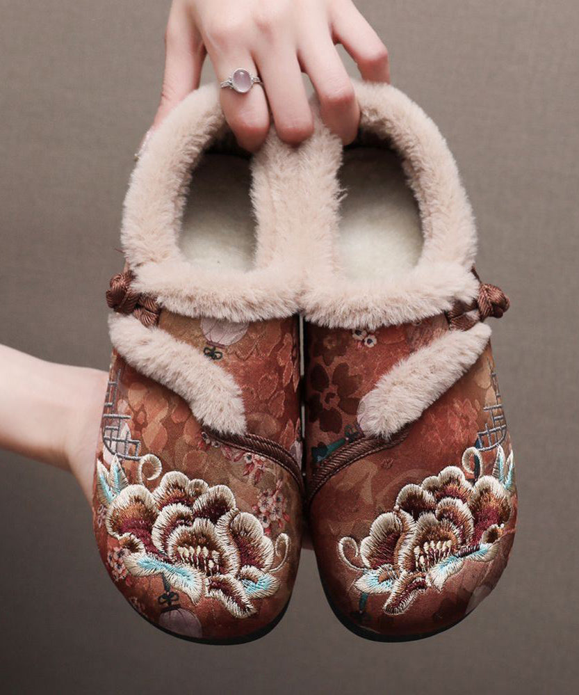 Retro Coffee Embroidery Flat Shoes Splicing Fuzzy Wool Lined Tq051