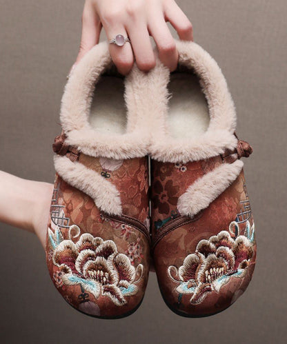 Retro Coffee Embroidery Flat Shoes Splicing Fuzzy Wool Lined Tq051