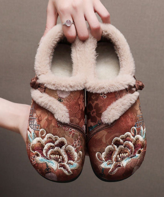 Retro Coffee Embroidery Flat Shoes Splicing Fuzzy Wool Lined Tq051