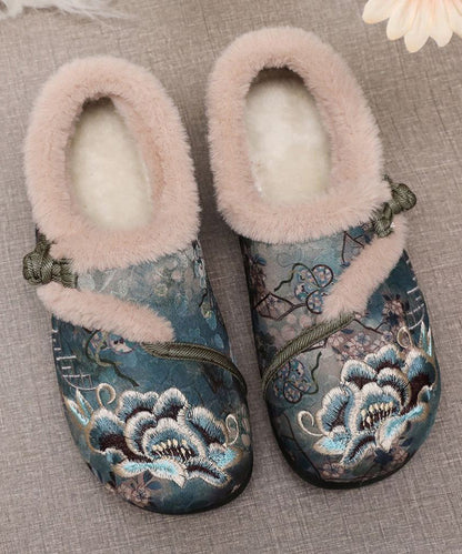 Retro Coffee Embroidery Flat Shoes Splicing Fuzzy Wool Lined Tq051