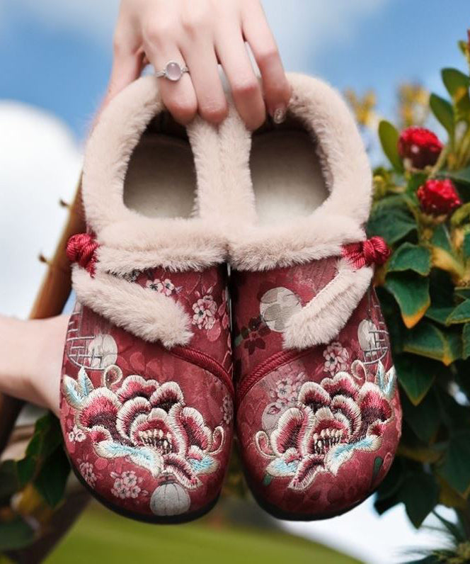 Retro Coffee Embroidery Flat Shoes Splicing Fuzzy Wool Lined Tq051
