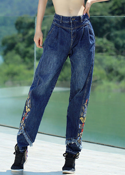 Retro Denim Blue Button Embroideried Straight Pants Spring Ly0198