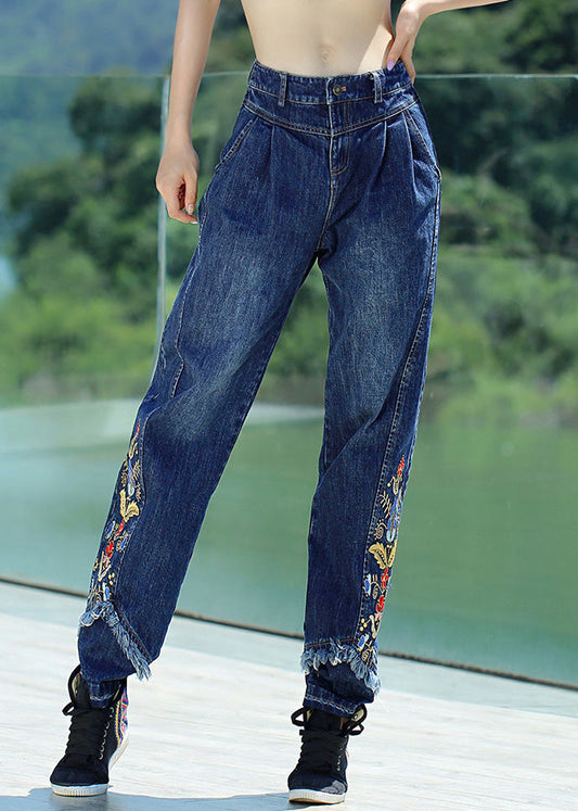 Retro Denim Blue Button Embroideried Straight Pants Spring Ly0198