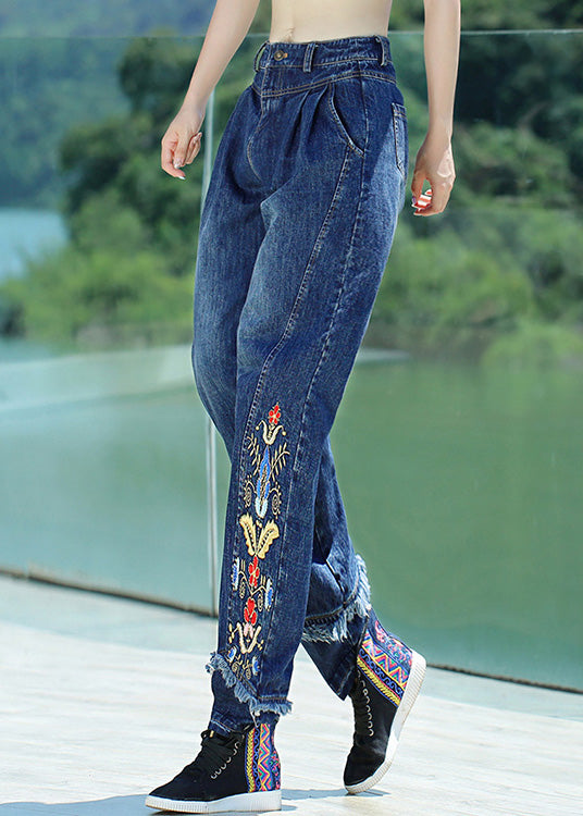 Retro Denim Blue Button Embroideried Straight Pants Spring Ly0198