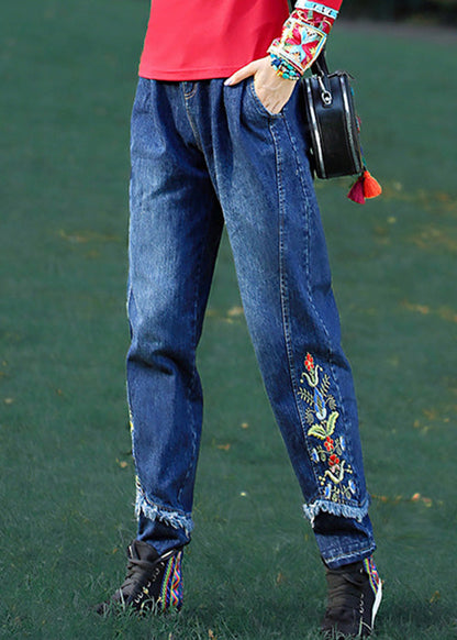 Retro Denim Blue Button Embroideried Straight Pants Spring Ly0198
