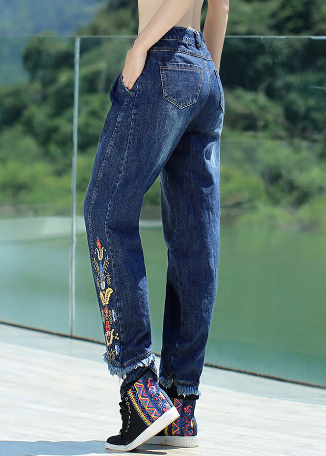 Retro Denim Blue Button Embroideried Straight Pants Spring Ly0198