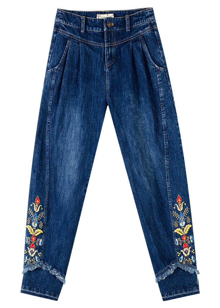 Retro Denim Blue Button Embroideried Straight Pants Spring Ly0198