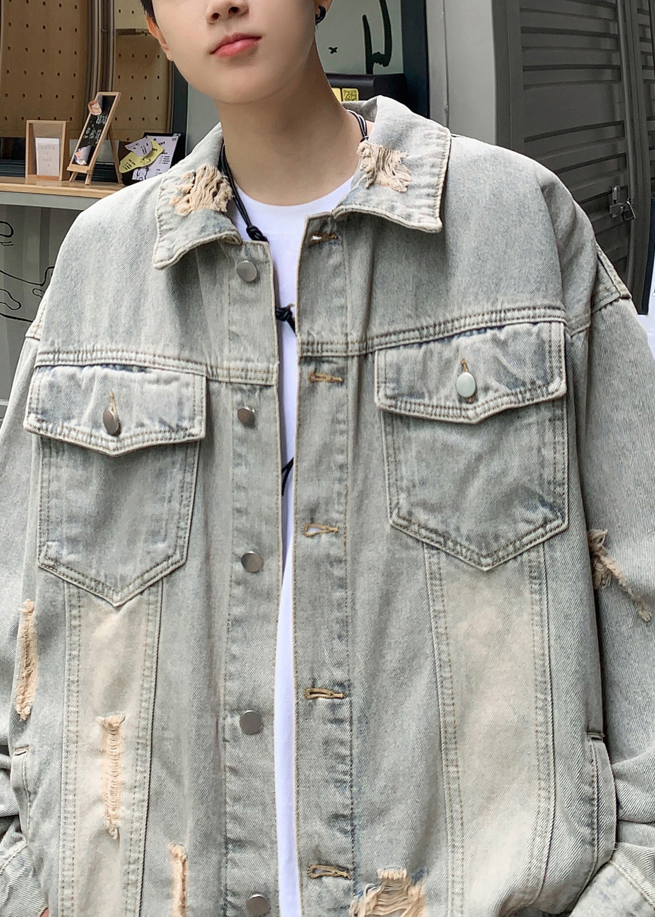 Blue Tc036 Hole Denim Retro Denim Pockets Coats Spring Button