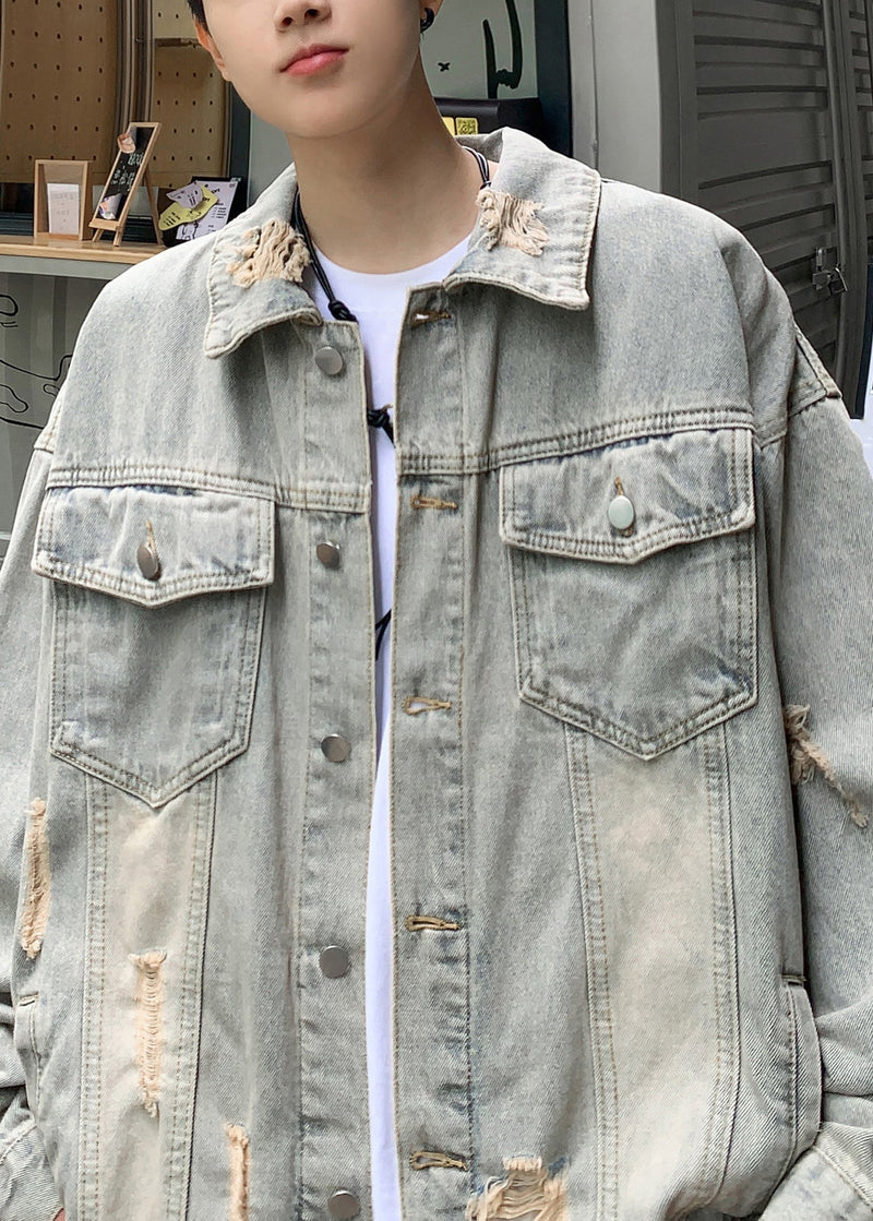 Blue Tc036 Hole Denim Retro Denim Pockets Coats Spring Button
