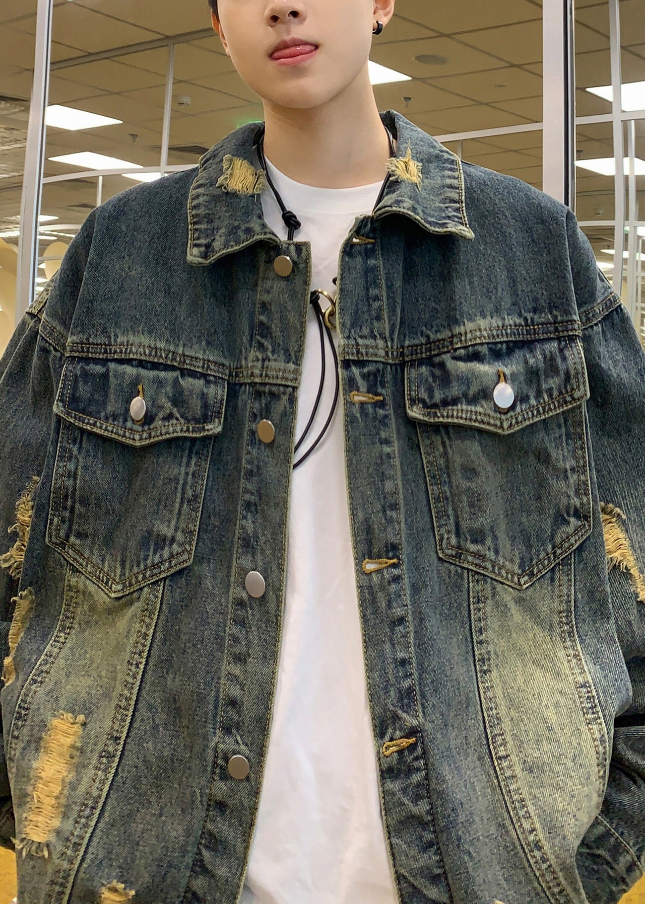 Blue Tc036 Hole Denim Retro Denim Pockets Coats Spring Button