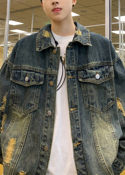 Blue Tc036 Hole Denim Retro Denim Pockets Coats Spring Button