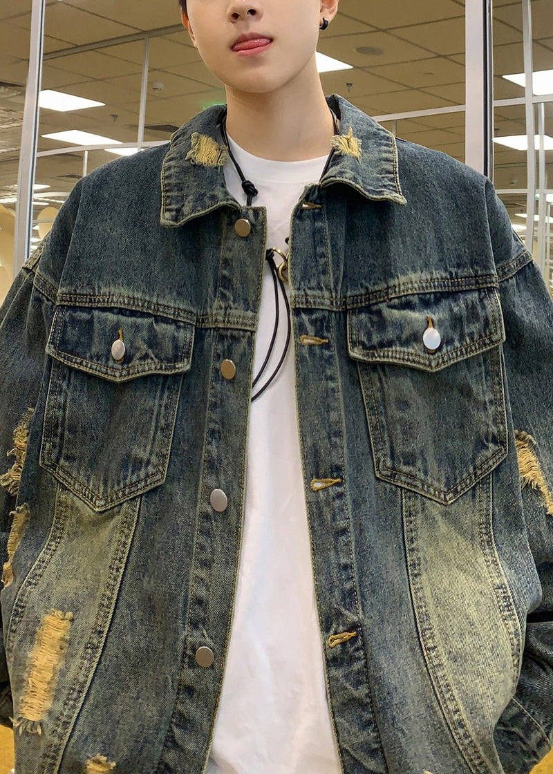 Blue Tc036 Hole Denim Retro Denim Pockets Coats Spring Button