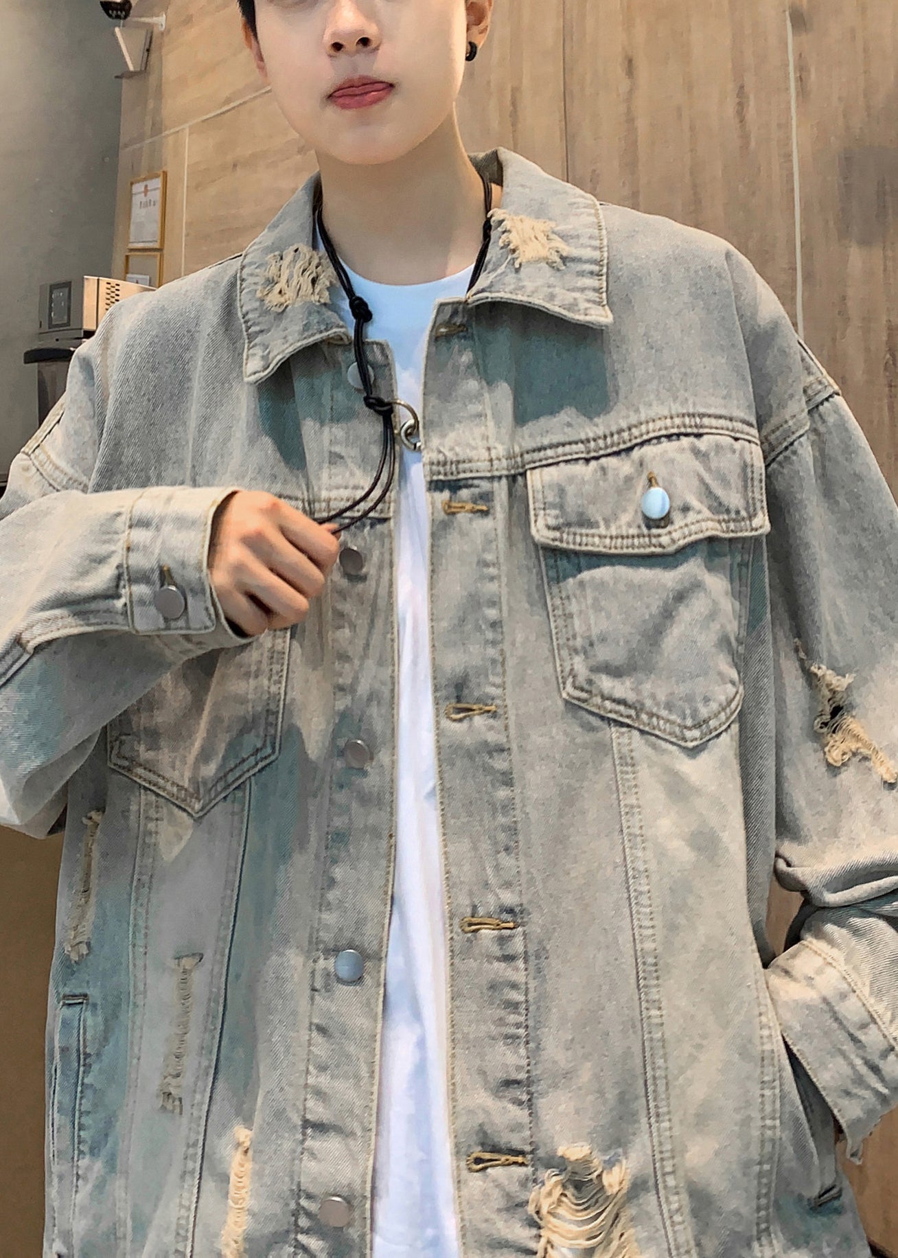 Blue Tc036 Hole Denim Retro Denim Pockets Coats Spring Button