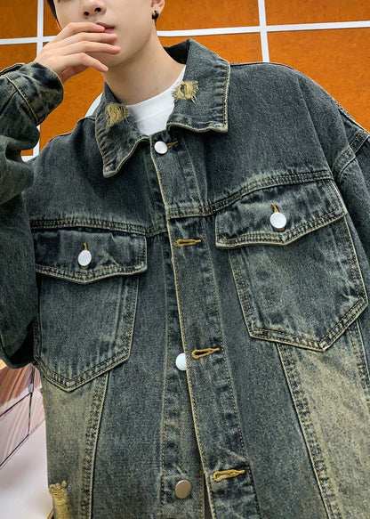 Blue Tc036 Hole Denim Retro Denim Pockets Coats Spring Button
