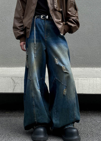 Retro Denim Navy Asymmetrical High Waist Hole Pants Fall Sa014