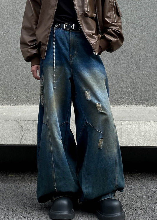 Retro Denim Navy Asymmetrical High Waist Hole Pants Fall Sa014
