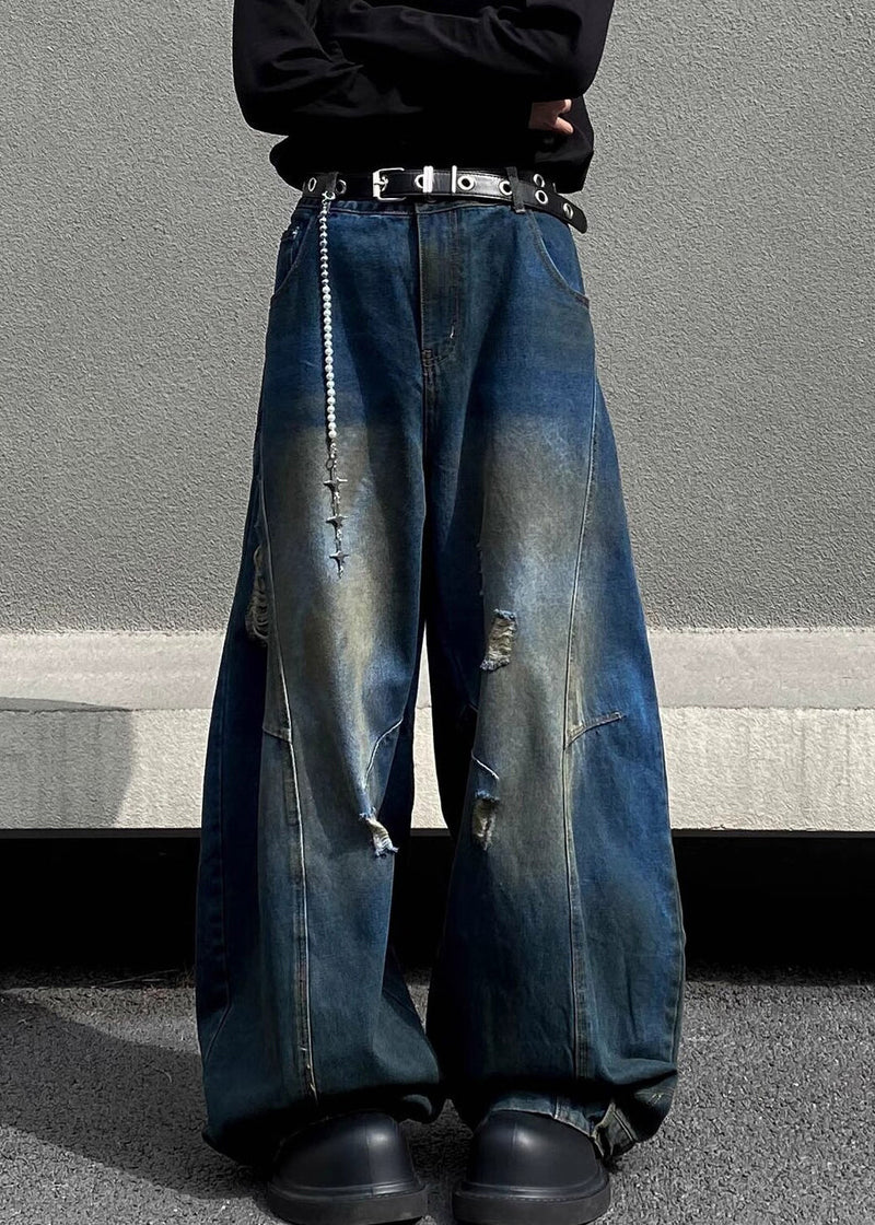 Retro Denim Navy Asymmetrical High Waist Hole Pants Fall Sa014