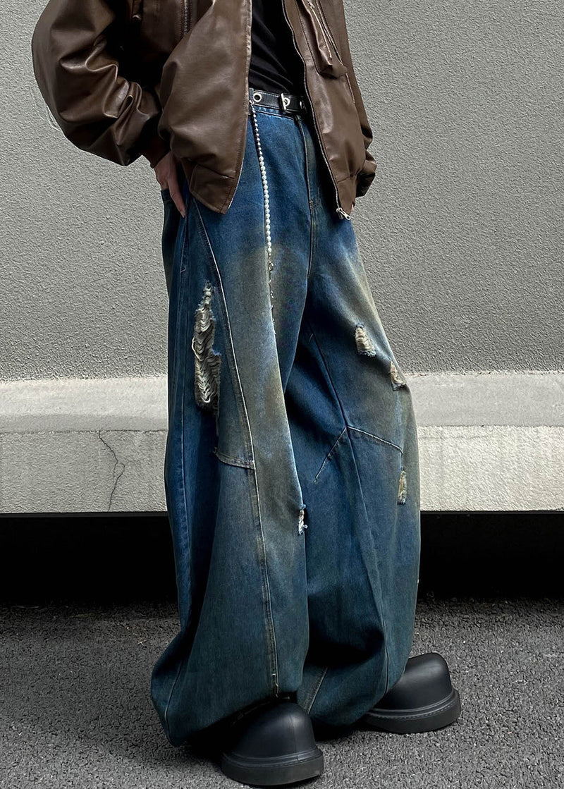 Retro Denim Navy Asymmetrical High Waist Hole Pants Fall Sa014