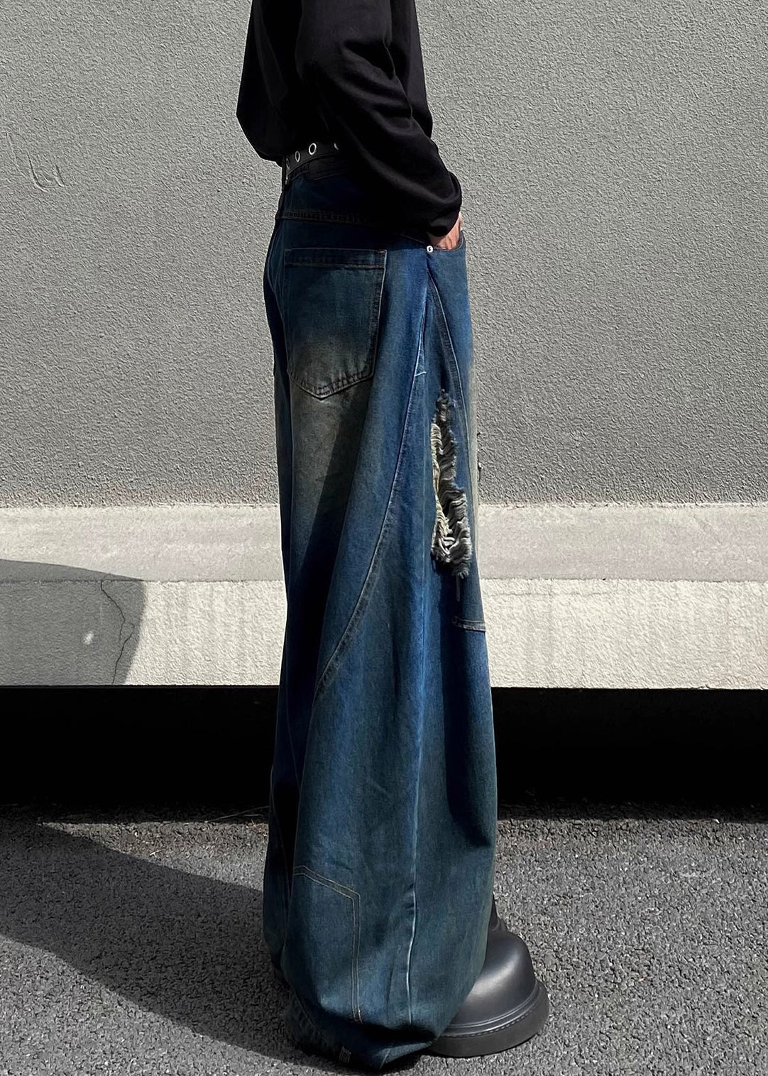 Retro Denim Navy Asymmetrical High Waist Hole Pants Fall Sa014