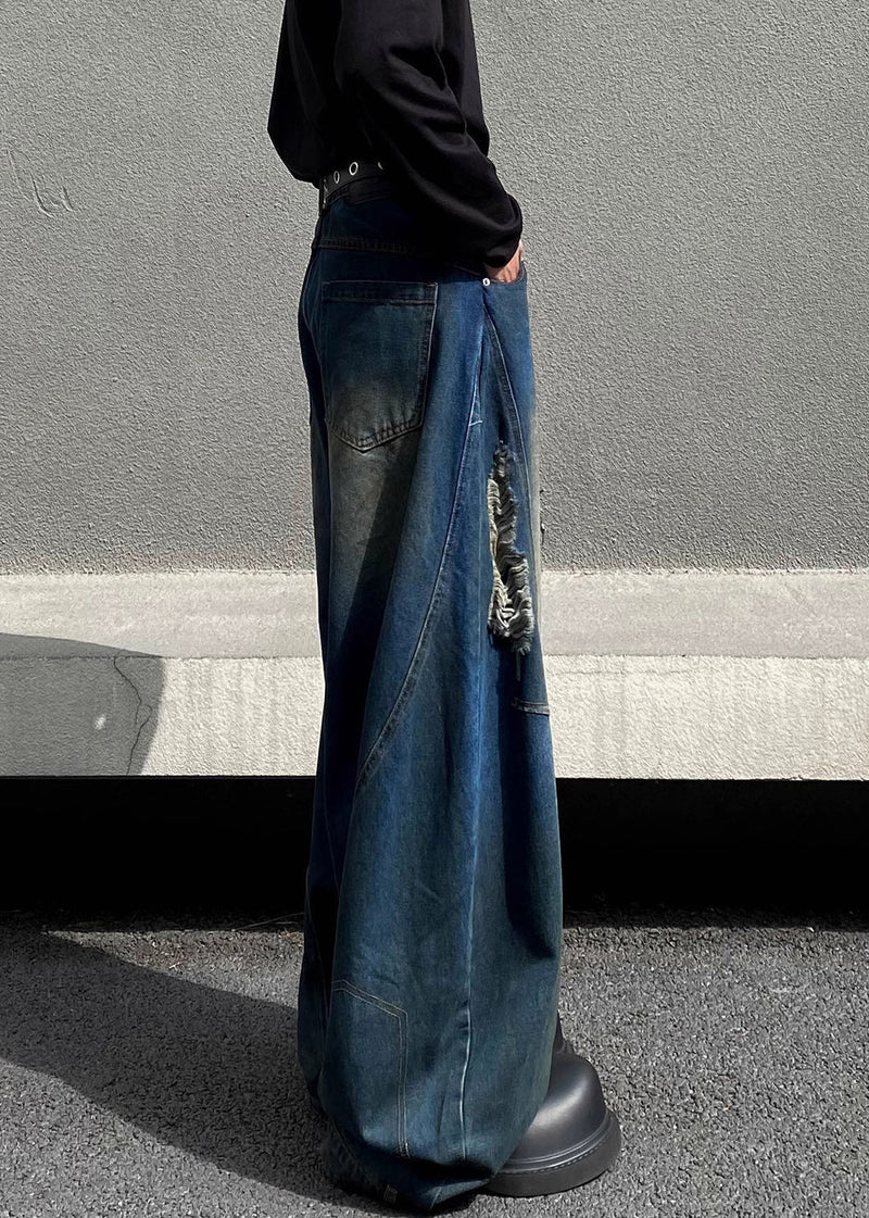 Retro Denim Navy Asymmetrical High Waist Hole Pants Fall Sa014