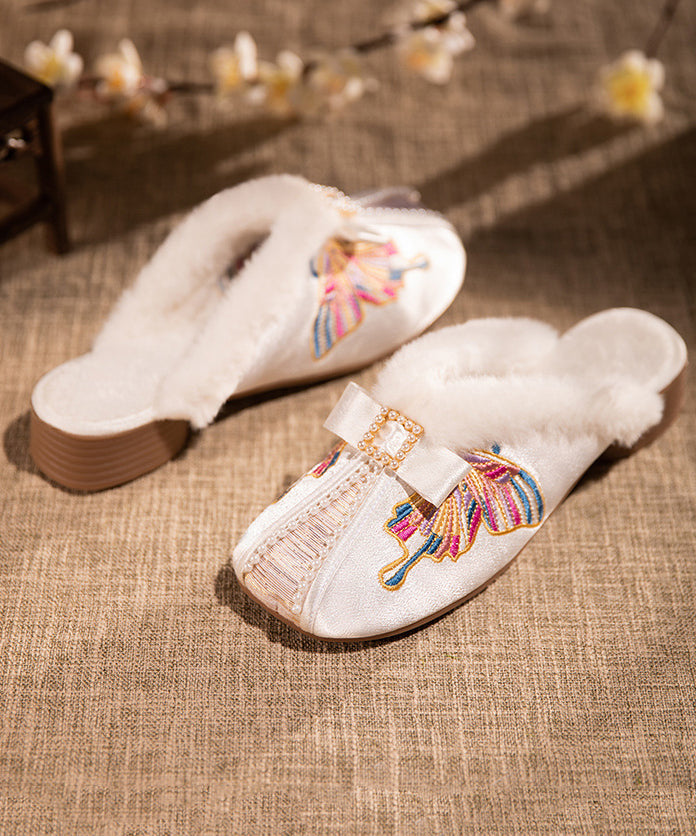 Retro Embroidery Chunky Slippers Shoes White Satin Fuzzy Wool Lined Rx027