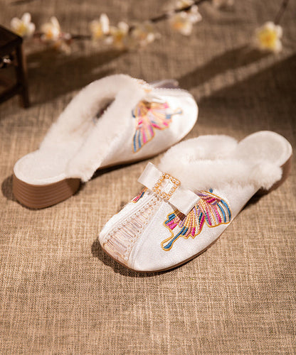Retro Embroidery Chunky Slippers Shoes White Satin Fuzzy Wool Lined Rx027