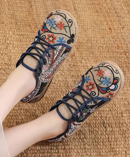 Retro Style Embroidered Lace Up Linen Flat Shoes Xc1041