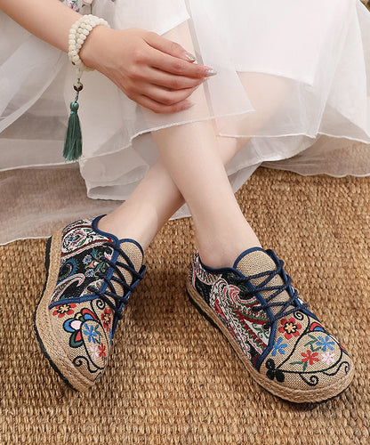 Retro Style Embroidered Lace Up Linen Flat Shoes Xc1041