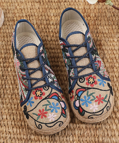 Retro Style Embroidered Lace Up Linen Flat Shoes Xc1041