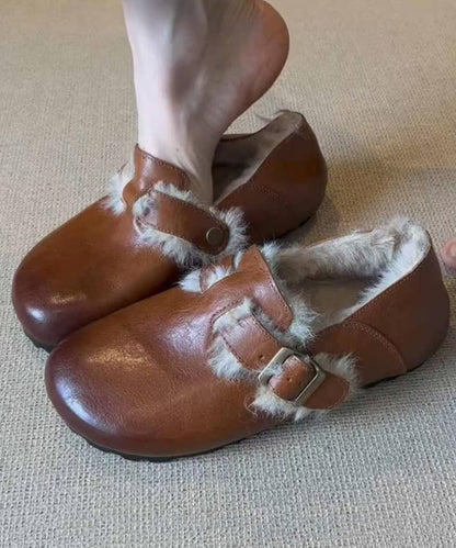 Retro Flat Shoes Caramel Sheepskin Fuzzy Wool Lined Tp024