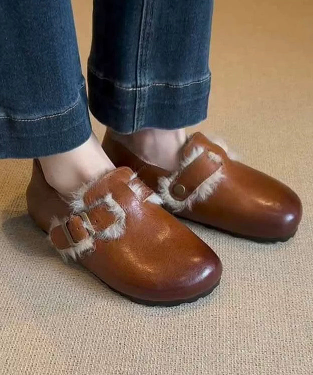 Retro Flat Shoes Caramel Sheepskin Fuzzy Wool Lined Tp024