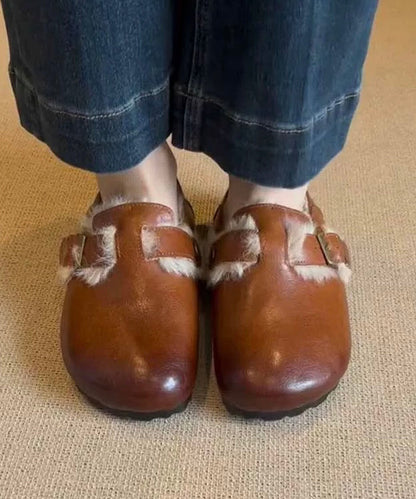 Retro Flat Shoes Caramel Sheepskin Fuzzy Wool Lined Tp024