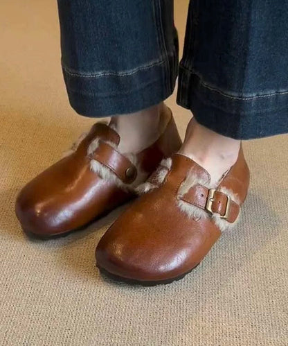 Retro Flat Shoes Caramel Sheepskin Fuzzy Wool Lined Tp024