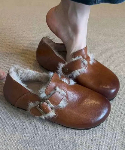 Retro Flat Shoes Caramel Sheepskin Fuzzy Wool Lined Tp024