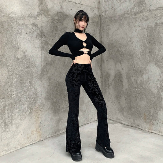 Gothic Retro Print High Waist Flared Harajuku Aesthetic Punk Pants